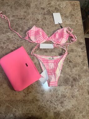 triangl swimwear Pink Plaid Bikini Set small+ top with xsmall bottom